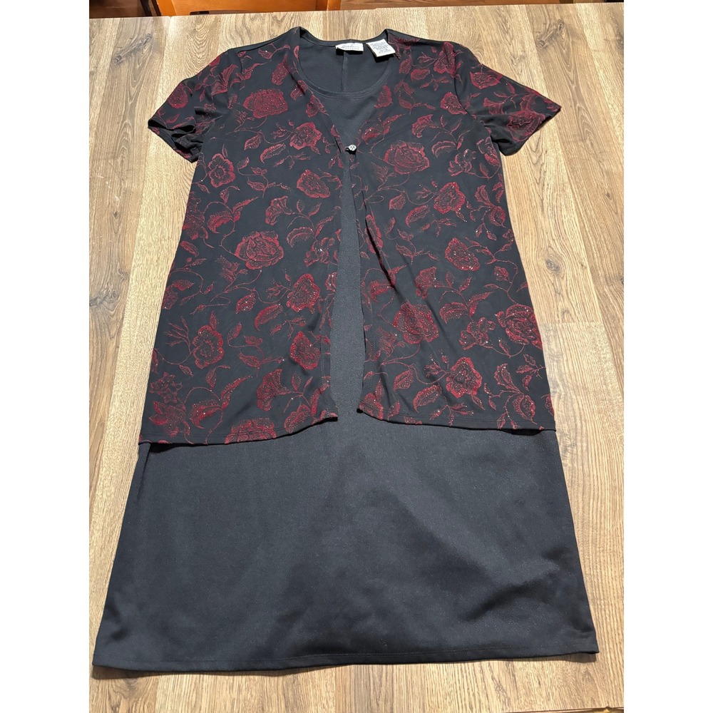 Kathie Lee Collection Womens Size XL Black Red Floral Dress Layered Glitter Rose
